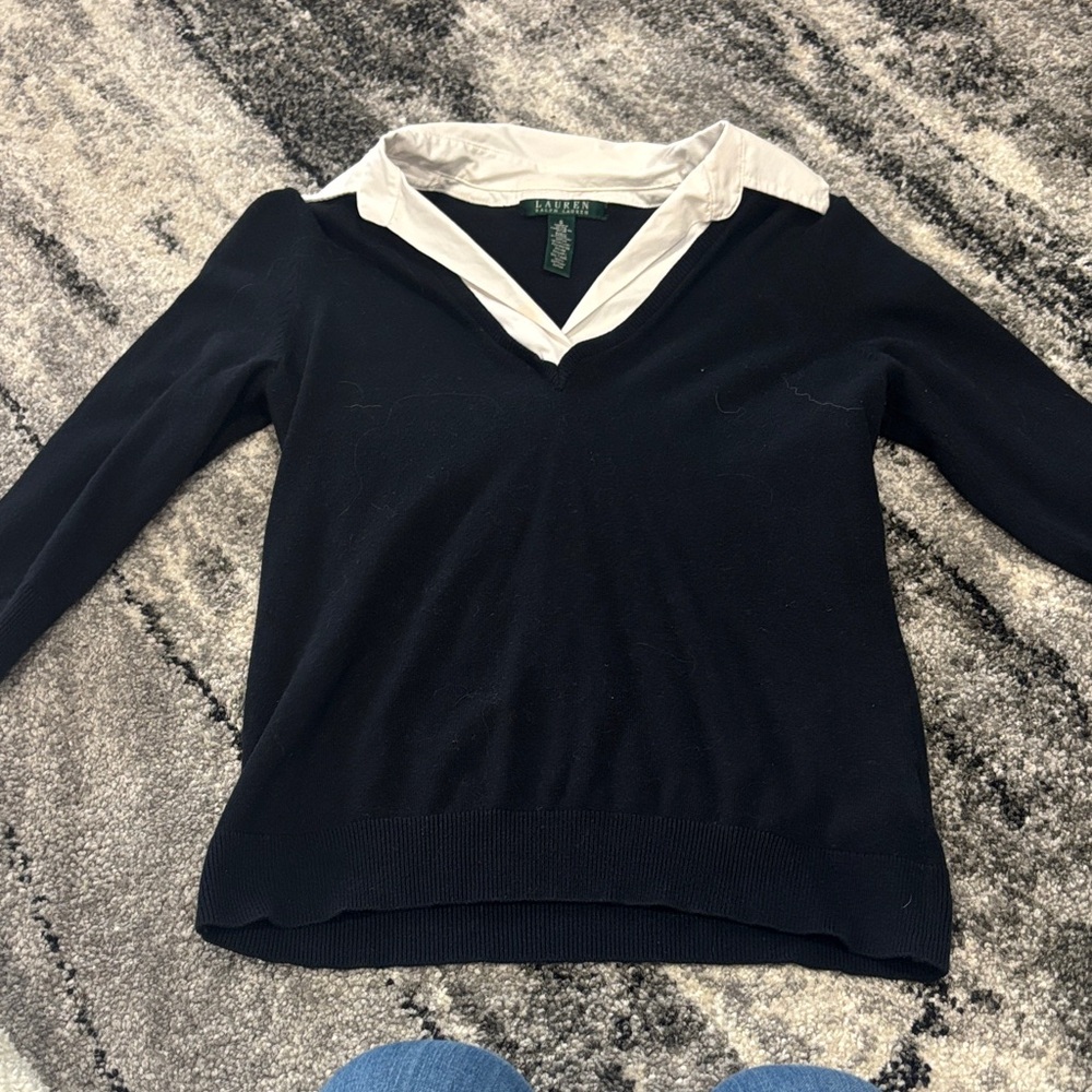 Ralph Lauren V-Neck Sweater in Black with Cream Collar
